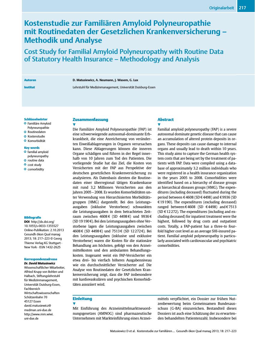 Vorschauseite 1: Kostenstudie zur Familiären Amyloid Polyneuropathie mit Routinedaten der Gesetzlichen Krankenversicherung – Methodik und Analyse