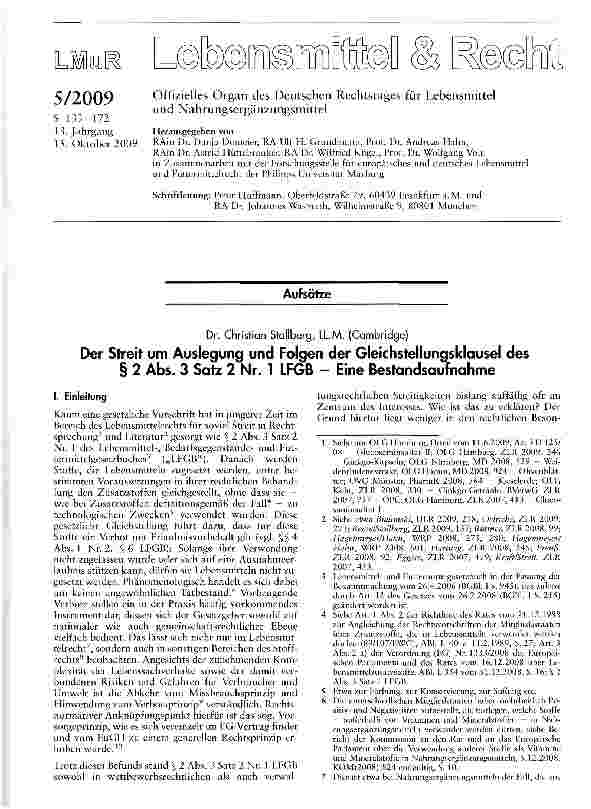 Vorschauseite 1: Der Streit um Auslegung und Folgen der Gleichstellungsklausel des § 2 Abs. 3 Satz 2 Nr. 1 LFGB - Eine Bestandsaufnahme