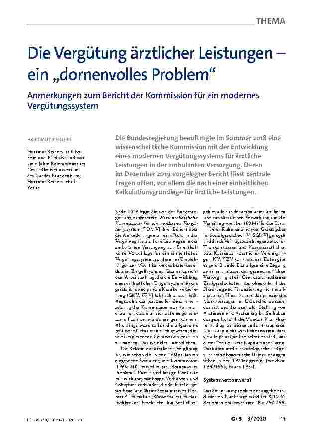 Vorschauseite 1: Die Vergütung ärztlicher Leistungen – ein „dornenvolles Problem“ Anmerkungen zum Bericht der Kommission für ein modernes Vergütungssystem