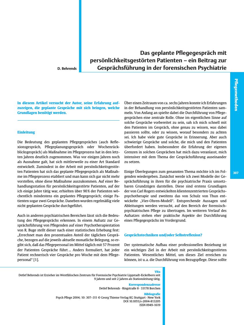 Vorschauseite 1: Das geplante Pflegegespräch mit persönlichkeitsgestörten Patienten - ein Beitrag zur Gesprächsführung in der forensischen Psychiatrie