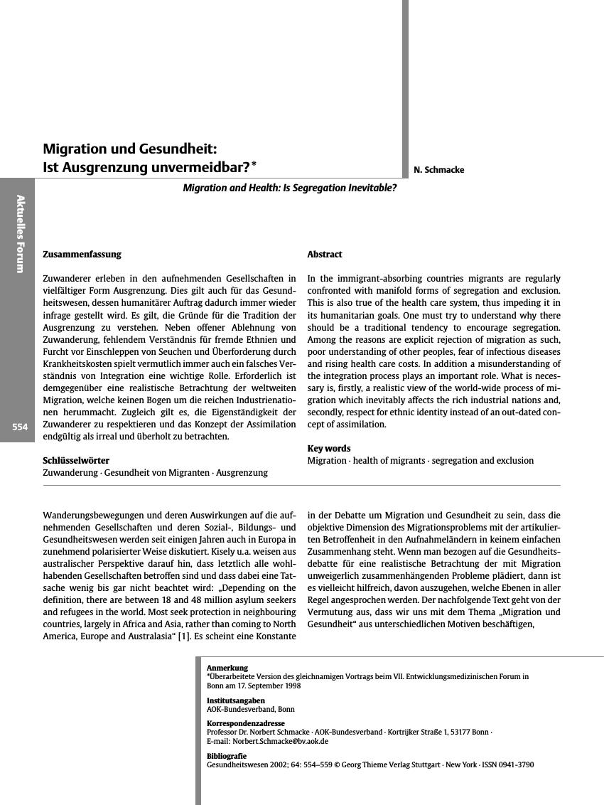 Vorschauseite 1: Migration und Gesundheit: Ist Ausgrenzung unvermeidbar?
