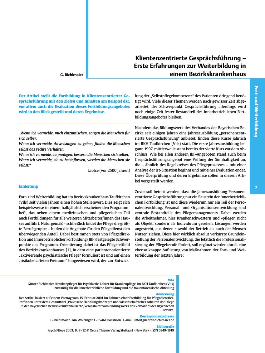 Vorschauseite 1: Klientenzentrierte Gesprächsführung - Erste Erfahrungen zur Weiterbildung in einem Bezirkskrankenhaus