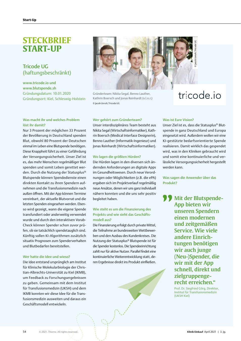 Vorschauseite 1: Steckbrief Start-Up: Tricode UG (haftungsbeschränkt)