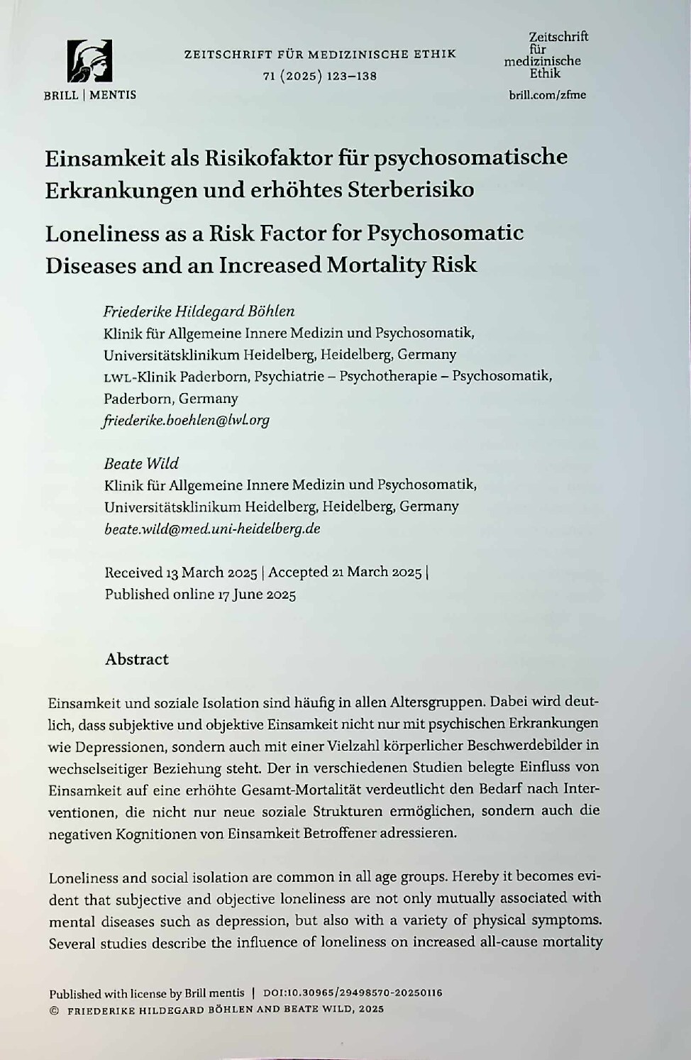 Vorschauseite 1: Einsamkeit als Risikofaktor für psychosomatische Erkrankungen und erhöhtes Sterberisiko