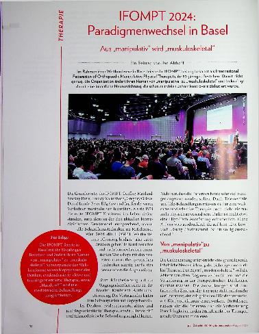 Vorschauseite 1: IFOMPT 2024: Paradigmenwechsel in Basel. Aus „manipulativ“ wird „muskuloskeletal“.