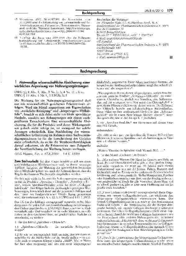 Vorschauseite 1: Notwendige wissenschaftliche Absicherung einer werblichen Anpreisung von NahrungsergänzungenUWG ^ 8 Abs. 1, Abs. 3 Nr. 2; 3; 4 Nr. 11 i.V.m. UWG $ 11 Abs. 1 Nr. 1, 2 LFGB; 3; 5