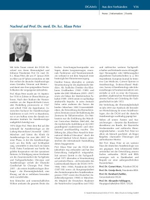 Vorschauseite 1: Nachruf auf Prof. Dr. med. Dr. h. c. Klaus Peter