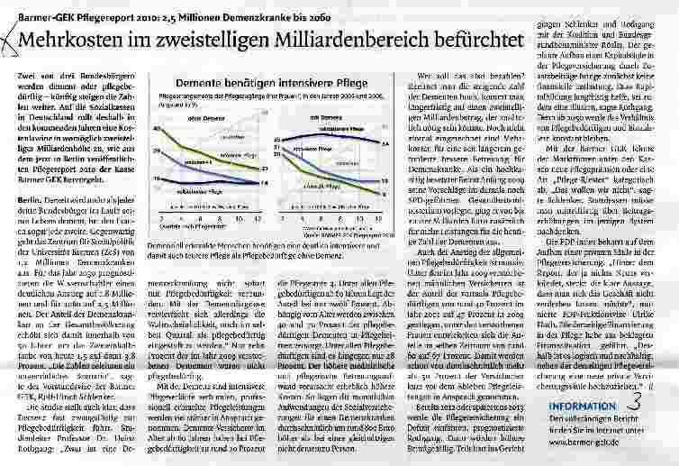 Vorschauseite 1: Barmer-GEK Pflegereport 2010: 2, 5 Millionen Demenzkranke bis 2060Mehrkosten im zweistelligen Milliardenbereich befürchtet