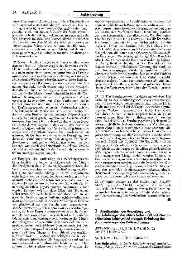 Vorschauseite 1: Unzulässigkeit der Bewerbung und Inverkehrbringen des Miteis Nobilin GLUCO Zimt als diätetisches Lebensmittel mangels Einhaltung der Voraussetzungen der Diätverordnung