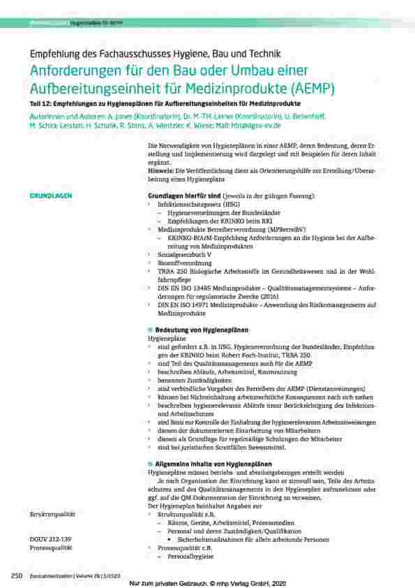Vorschauseite 1: Empfehlung des Fachausschusses Hygiene, Bau und Technik Anforderungen für den Bau oder Umbau einer Aufbereitungseinheit für Medizinprodukte (AEMP)