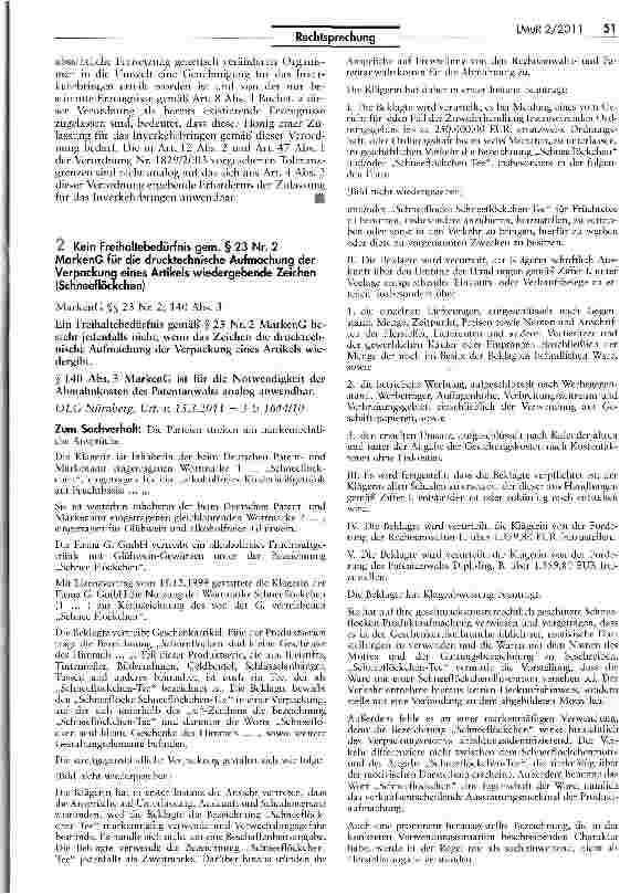 Vorschauseite 1: Kein Freihaltebedürfnis gem. § 23 Nr. 2 MarkenG für die drucktechnische Aufmachung der Verpackung eines Artikels wiedergebende Zeichen (Schneeflöckchen) MarkenG %% 23 Nr. 2; 140 A…