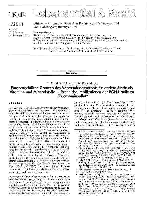 Vorschauseite 1: Europarechtliche Grenzen des Verwendungsverbots für andere Stoffe als Vitamine und Mineralstoffe - Rechtliche Implikationen der BGH-Urteile zu„Glucosaminsulfat