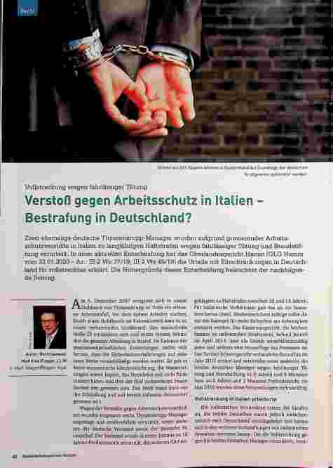 Vorschauseite 1: Vollstreckung wegen fahrlässiger Tötung Verstoß gegen Arbeitsschutz in Italien - Bestrafung in Deutschland?