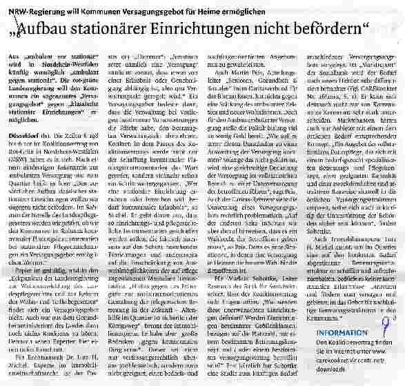 Vorschauseite 1: NRW-Regierung will Kommunen Versagungsgebot für Heime ermöglichen„Aufbau stationärer Einrichtungen nicht befördern