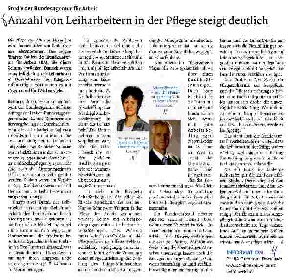 Vorschauseite 1: Anzahl von Leiharbeitern in der Pflege steigt deutlich