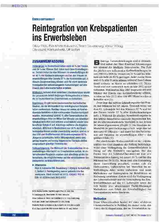 Vorschauseite 1: Reintegration von Krebspatienten ins Erwerbsleben