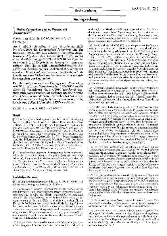 Vorschauseite 1: Keine Vermarktung eines Weines mit „bekömmlich Verordnung (EG) Nr. 1924/2006 Art. 4 Abs. 3 Unterabs. 1