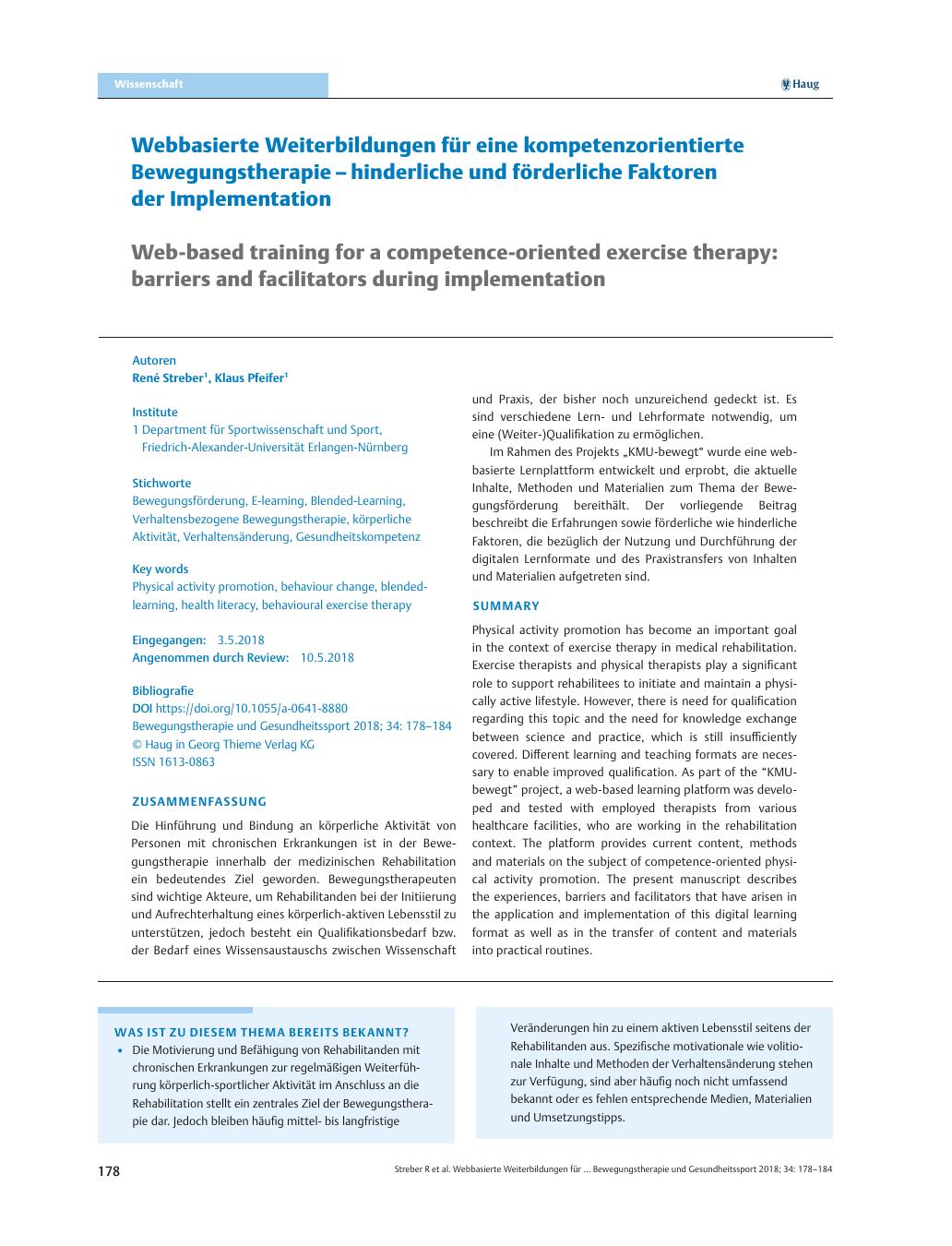 Vorschauseite 1: Webbasierte Weiterbildungen für eine kompetenzorientierte Bewegungstherapie – hinderliche und förderliche Faktoren der Implementation