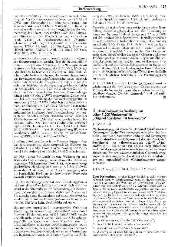 Vorschauseite 1: Unzulässigkeit der Werbung mit „über 7.000 Vitalstoffen in „Original Spiruletten mit Gerstengras HCVO Art. 8