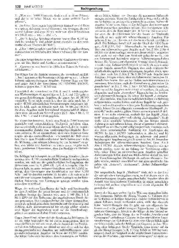 Vorschauseite 2: Unzulässigkeit der Werbung mit „über 7.000 Vitalstoffen in „Original Spiruletten mit Gerstengras HCVO Art. 8