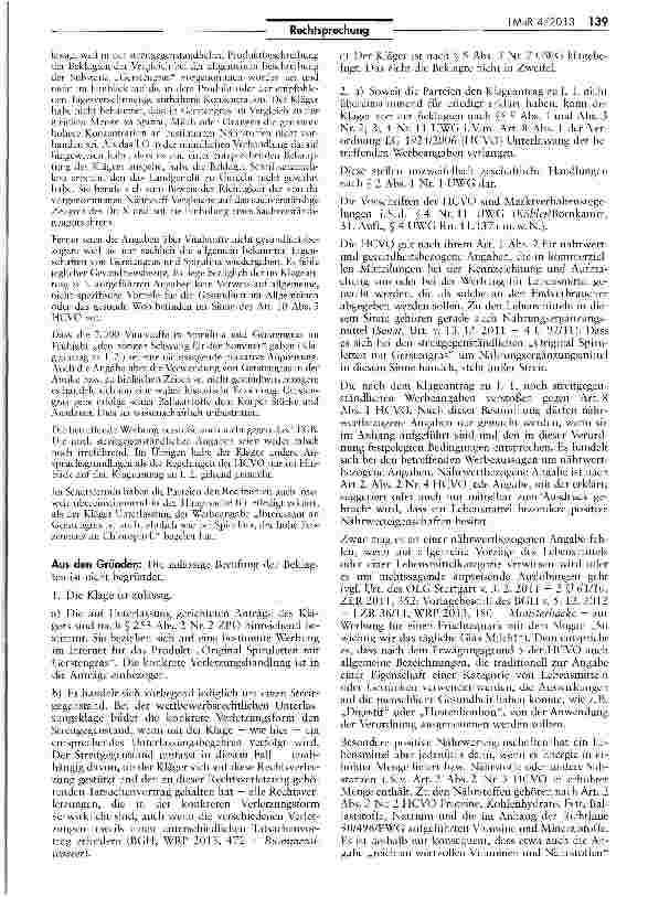 Vorschauseite 3: Unzulässigkeit der Werbung mit „über 7.000 Vitalstoffen in „Original Spiruletten mit Gerstengras HCVO Art. 8