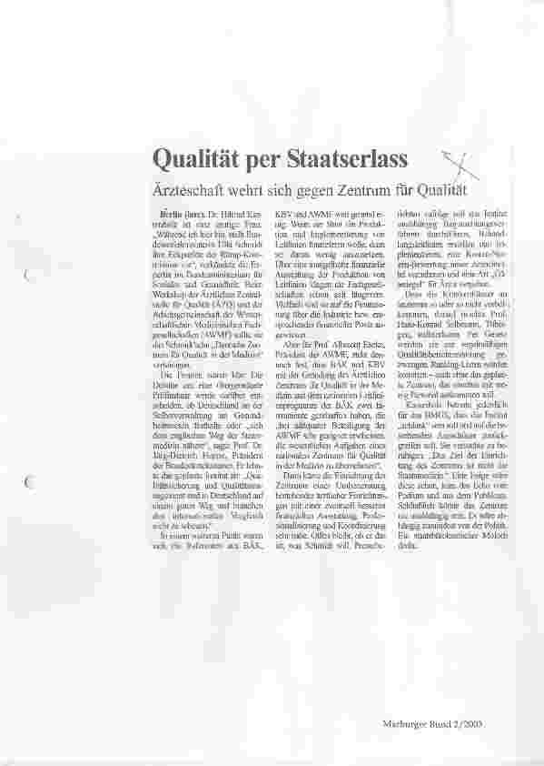Vorschauseite 1: Qualität per Staatserlass Ärzteschaft wehrt sich gegen Zentrum für Qualität