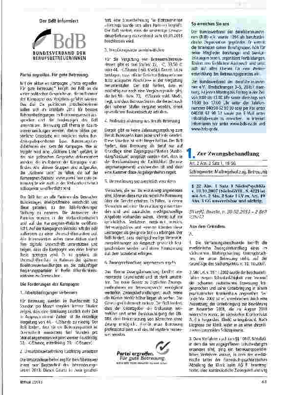 Vorschauseite 1: Zur Zwangsbehandlung Art. 2 Abs. 2 Satz 1, 19 GG