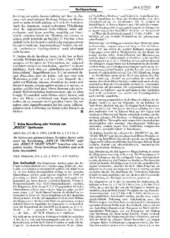 Vorschauseite 1: Keine Bewerbung oder Vertrieb von „RESCUE -Spirituosen AMG Art. 2 I Nr. 1; UWG § 8 III Nr. 1, § 2 I Nr. 3