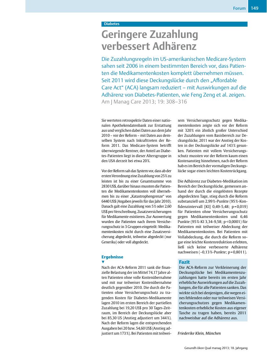 Vorschauseite 1: Diabetes – Geringere Zuzahlung verbessert Adhärenz