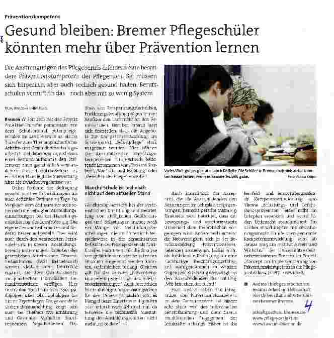 Vorschauseite 1: Gesund bleiben: Bremer Pflegeschüler könnten mehr über Prävention lernen