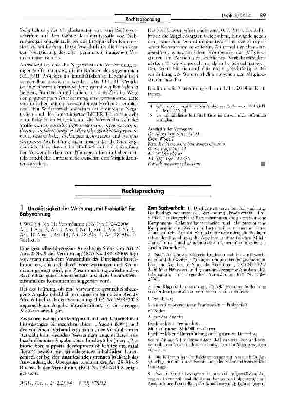 Vorschauseite 1: Unzulässigkeit der Werbung „mit Probiotik für Babynahrung IJWG § 4 Nr. 11; Verordnung (EG) Nr. 1924/2006 Art. 1 Abs. 3, Art. 2 Abs. 2 Nr. 1, Art. 2 Abs. 2 Nr. 5, Art. 10 Abs. 1, A…