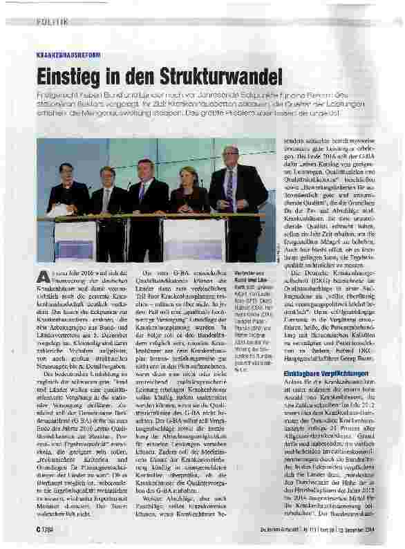 Vorschauseite 1: KRANKENHAUSREFORM Einstieg in den Strukturwandel