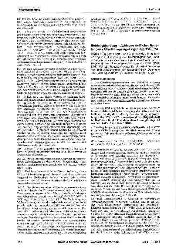 Vorschauseite 1: Betriebsübergang - Ablösung tariflicher Regelungen - Überleitungsregelungen des TVÜ-LWL