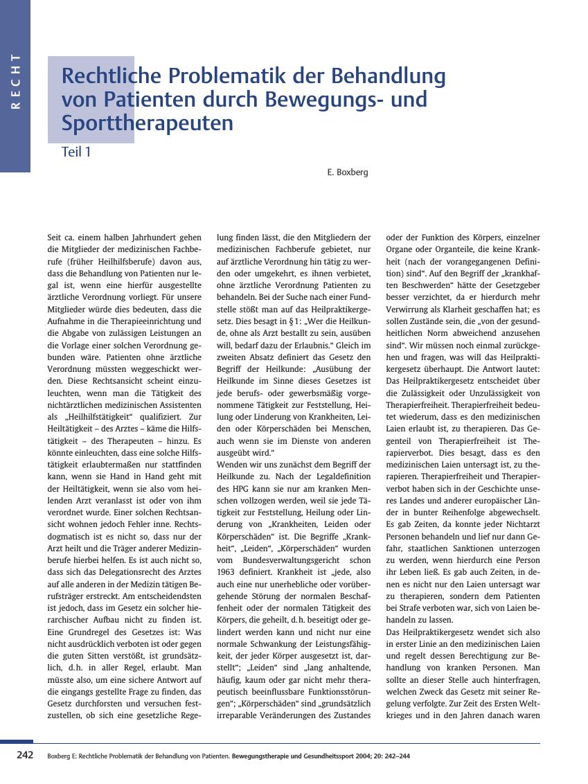 Vorschauseite 1: Rechtliche Problematik der Behandlung von Patienten durch Bewegungsund Sporttherapeuten