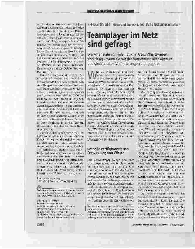 Vorschauseite 1: Teamplayer im Netz sind gefragtE-Health als Innovation*- und Wachstumsmotor