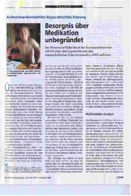 Vorschauseite 1: Aufmerksamkeitsdefizit-/Hyperaktivitäts-StörungBesorgnis über Medikation unbegründet