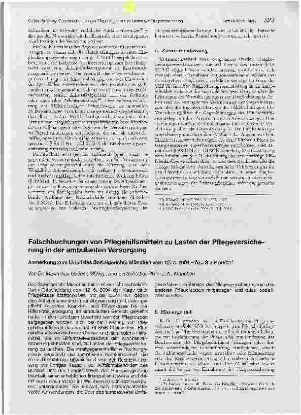Vorschauseite 1: Falschbuchungen von Pflegehilfsmitteln zu Lasten der Pflegeversicherung in der ambulanten VersorgungAnmerkung zum Urteil des Sozialgerichts München vom 12. 5. 2004 - Az. : S 3 P 5…