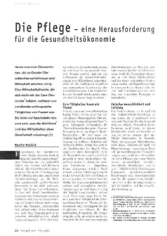 Vorschauseite 1: Die Pflege - eine Herausforderung für die Gesundheitsökonomie