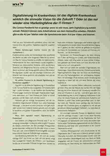 Vorschauseite 1: Digitalisierung im Krankenhaus: Ist das digitale Krankenhaus wirklich die sinnvolle Vision für die Zukunft? Oder ist das nur wieder eine Marketingfahne der IT-Firmen?