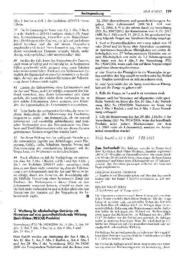 Vorschauseite 1: Werbung für alkoholhaltige Getränke mit Hinweisen auf eine gesundheitsfördernde Wirkung (Bach-Blüten/RESCUE-Produkte) Verordnung (EG) Nr. 1924/2006 Art. 4 Abs. 3, Art. 10 Abs. 3,…