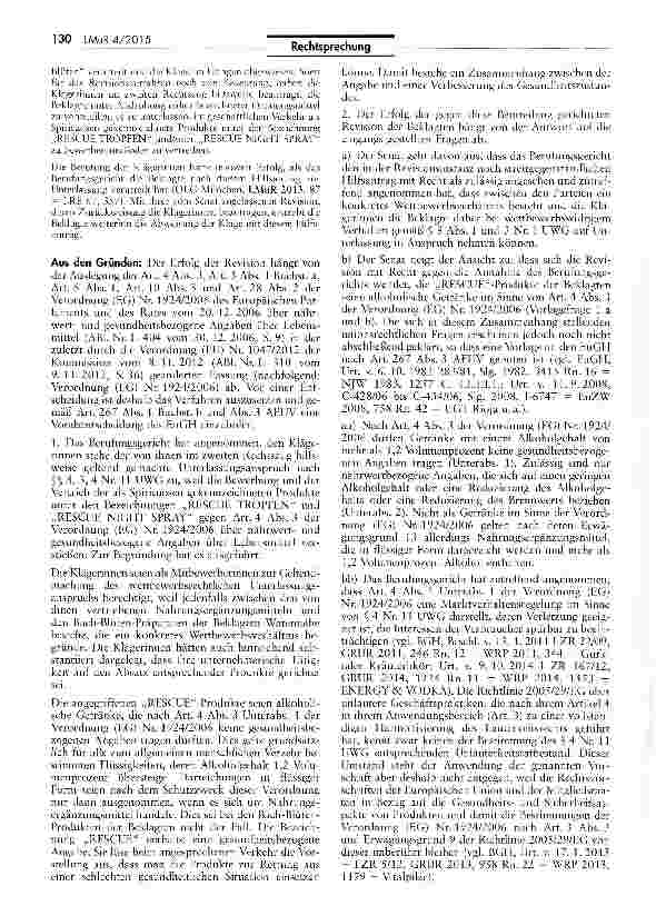 Vorschauseite 2: Werbung für alkoholhaltige Getränke mit Hinweisen auf eine gesundheitsfördernde Wirkung (Bach-Blüten/RESCUE-Produkte) Verordnung (EG) Nr. 1924/2006 Art. 4 Abs. 3, Art. 10 Abs. 3,…