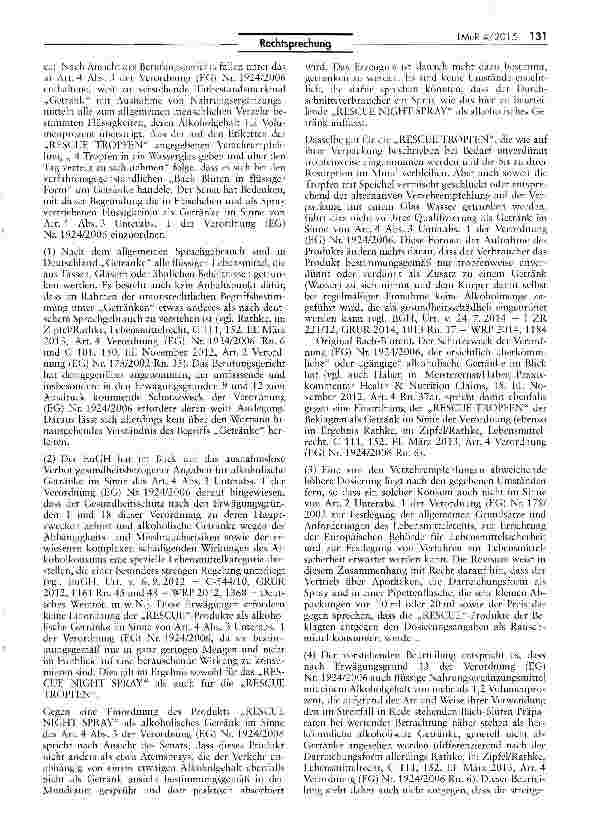 Vorschauseite 3: Werbung für alkoholhaltige Getränke mit Hinweisen auf eine gesundheitsfördernde Wirkung (Bach-Blüten/RESCUE-Produkte) Verordnung (EG) Nr. 1924/2006 Art. 4 Abs. 3, Art. 10 Abs. 3,…