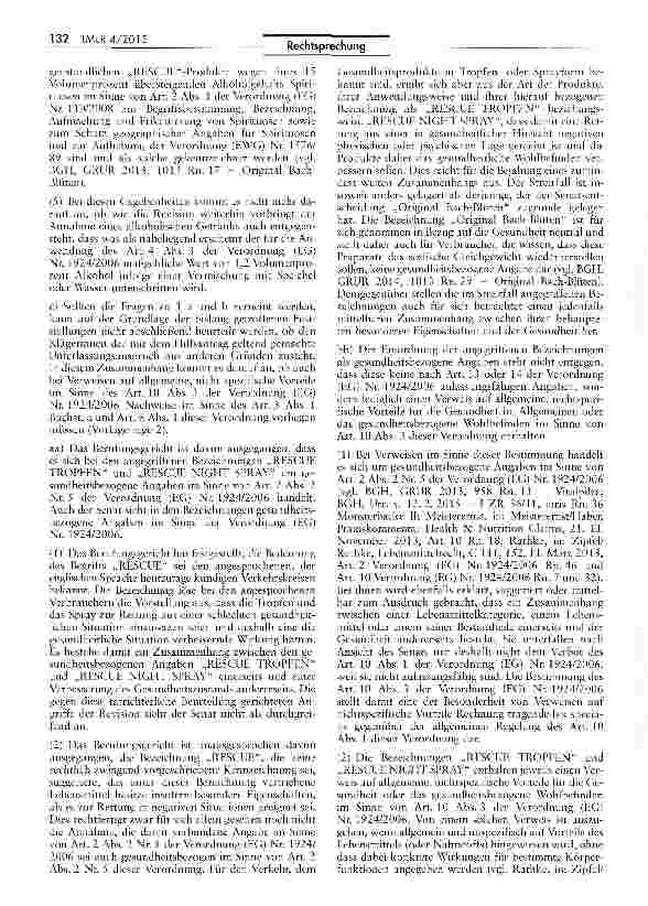 Vorschauseite 4: Werbung für alkoholhaltige Getränke mit Hinweisen auf eine gesundheitsfördernde Wirkung (Bach-Blüten/RESCUE-Produkte) Verordnung (EG) Nr. 1924/2006 Art. 4 Abs. 3, Art. 10 Abs. 3,…