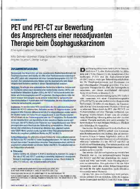 Vorschauseite 1: PET und PET-CT zur Bewertung des Ansprechens einer neoadjuvanten Therapie beim ÖsophaguskarzinomEine systematische Übersicht