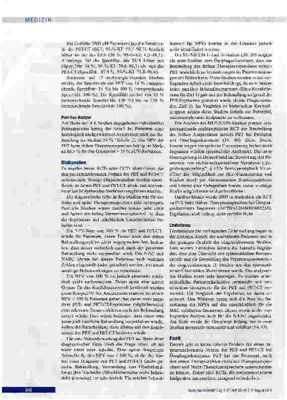 Vorschauseite 6: PET und PET-CT zur Bewertung des Ansprechens einer neoadjuvanten Therapie beim ÖsophaguskarzinomEine systematische Übersicht