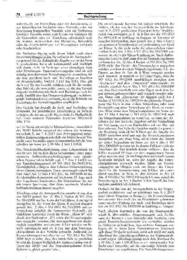 Vorschauseite 5: Keine Anordnung der aufschiebenden Wirkung einer Klage gegen ein sofort vollziehbares Verbot des Inverkehrbringens von Eiern als Lebensmittel