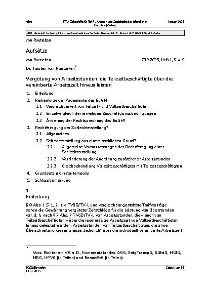 Vorschauseite 1: Vergütung von Arbeitsstunden, die Teilzeitbeschäftigte über die vereinbarte Arbeitszeit hinaus leisten.