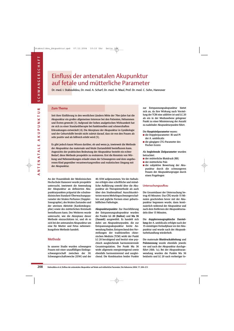 Vorschauseite 1: Einfluss der antenatalen Akupunktur auf fetale und mütterliche Parameter