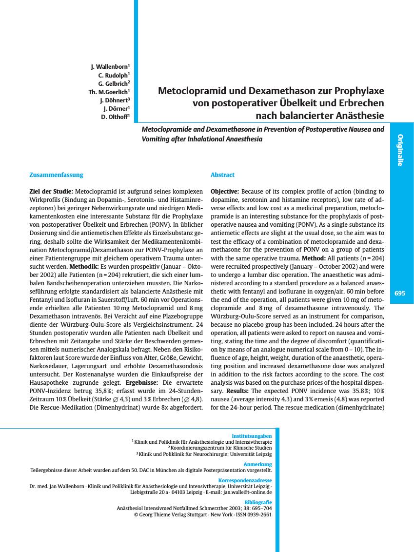 Vorschauseite 1: Metoclopramid und Dexamethason zur Prophylaxe von postoperativer Übelkeit und Erbrechen nach balancierter Anästhesie