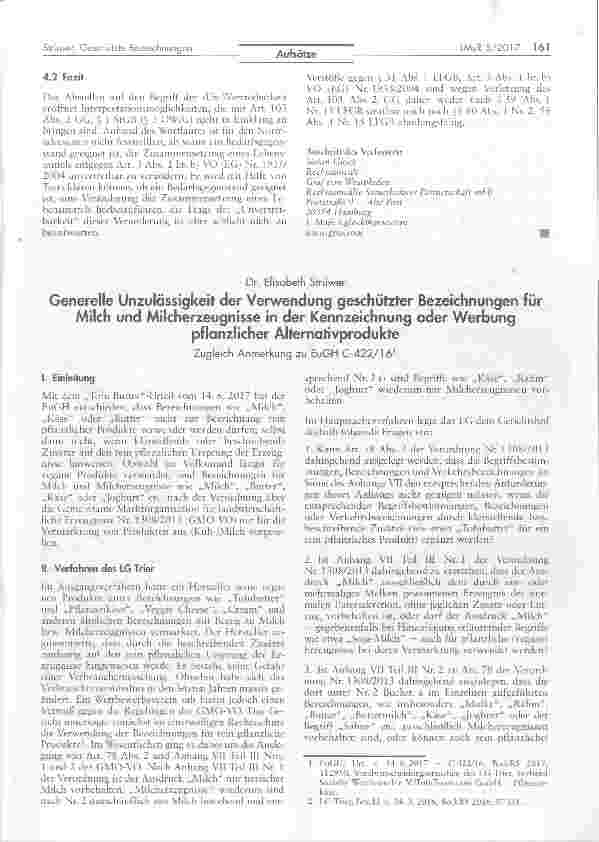 Vorschauseite 1: Generelle Unzulässigkeit der Verwendung geschützter Bezeichnungen für Milch und Milcherzeugnisse in der Kennzeichnung oder Werbung pflanzlicher Alternativprodukte